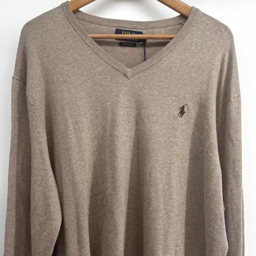 Polo Ralph Lauren Mens XL Pima Cotton V-Neck Sweater Tan Heather NWT